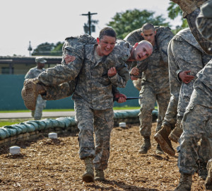 U.S. Army Soldiers conduct combatives training during the Ranger Course on Fort Benning, Ga., April 20, 2015. Soldiers attend Ranger school to learn additional leadership and small unit technical and tactical skills in a physically and mentally demanding, combat simulated environment. (U.S. Army photo by Spc. Dacotah Lane/Released Pending Review)