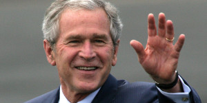 UNITED KINGDOM - JUNE 16: U.S. President George W. Bush waves upon arrival at RAF Aldgerove in Belfast, Northern Ireland, on Monday, June 16, 2008. Gordon Brown, U.K. prime minister said Britain is pushing the European Union to impose new sanctions against Iran, including freezing the assets of its biggest bank, to pressure the nation to give up its nuclear program at a press conference with Bush in London today. (Photo by Paul McErlane/Bloomberg via Getty Images)