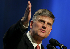 (RNS1-MAY02) Evangelist Franklin Graham preaches during a recent crusade in Mobile, Ala. See RNS-GRAHAM-QANDA, transmitted May 2, 2006. Religion News Service photo by John David Mercer/The Press-Register in Mobile, Ala.