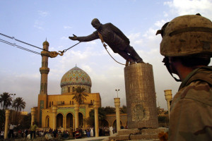 The moment of the falling of Saddam's statue, with the help of the US Army.