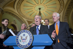 Senate Majority Leader Mitch McConnell, R-Ky., center, is joined by, from right to left, Majority Whip John Cornyn, R-Texas, Sen. John Thune, R-S.D., Sen. John Barrasso, R-Wyo., and Sen. Roger Wicker, R-Miss., as he speaks with reporters following a closed-door policy meeting on Capitol Hill in Washington, Tuesday, Feb. 23, 2016. The Senate will take no action on anyone President Barack Obama nominates to fill the Supreme Court vacancy, Senator McConnell said as nearly all Republicans rallied behind his calls to leave the seat vacant for the next president to fill. His announcement came after Republicans on the Senate Judiciary Committee ruled out any hearing for an Obama pick. (AP Photo/J. Scott Applewhite)