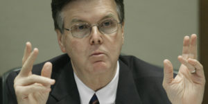 Sen. Dan Patrick, R-Houston, questions John Bradley during a hearing by members of the Senate Criminal Justice Committee Tuesday, Nov. 10, 2009, in Austin, Texas. Legislators heard testimony from Bradley, the new chairman of the revamped forensic science commission, and attempted to learn the status of the case of executed convicted killer Cameron Todd Willingham. (AP Photo/Harry Cabluck)