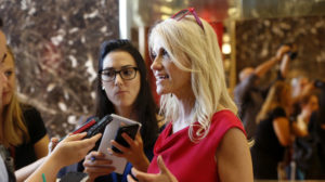 Kellyanne Conway, new campaign manager for Republican presidential candidate Donald Trump, speaks to reporters in the lobby of Trump Tower in New York, Wednesday, Aug. 17, 2016. (AP Photo/Gerald Herbert)