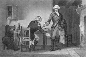 Original caption: Benedict Arnold.  Treason of Arnold.  He persuaded Andre to conceal the papers in his boot. --- Image by © Bettmann/CORBIS