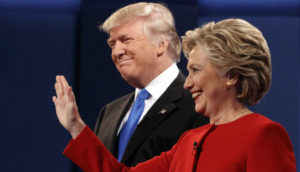 Republican presidential candidate Donald Trump, left, stands with Democratic presidential candidate Hillary Clinton at the first presidential debate at Hofstra University, Monday, Sept. 26, 2016, in Hempstead, N.Y. (AP Photo/ Evan Vucci)