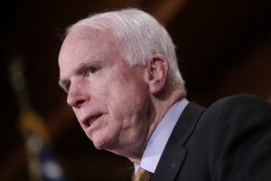 WASHINGTON, DC - MARCH 26:  U.S. Sen. John McCain (C) (R-AZ) speaks during a press conference on the recent bombings by Saudi Arabia in Yemen March 26, 2015 in Washington, DC. During his remarks Graham said, "The Mideast is on fire, and it is every person for themselves." (Photo by Win McNamee/Getty Images)