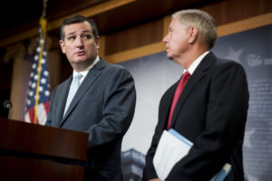UNITED STATES - SEPTEMBER 20: Sen. Ted Cruz, R-Texas, and Sen. Lindsey Graham, R-S.C., participate in the press conference on military aid to Israel with on Tuesday, Sept. 20, 2016. (Photo By Bill Clark/CQ Roll Call)